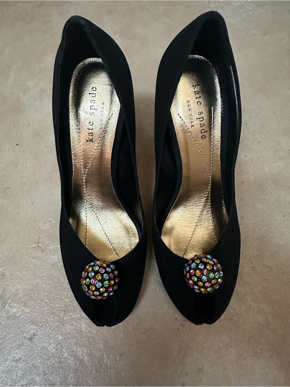 Kate Spade Black Suede Pumps with Multicolored Jeweled Button, Size 6.5